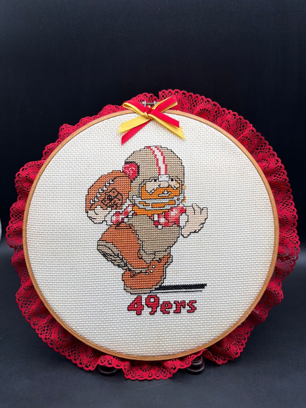 Vintage San Francisco 49ers Cross Stitch Hoop Wall Art 12.5” Handmade Football